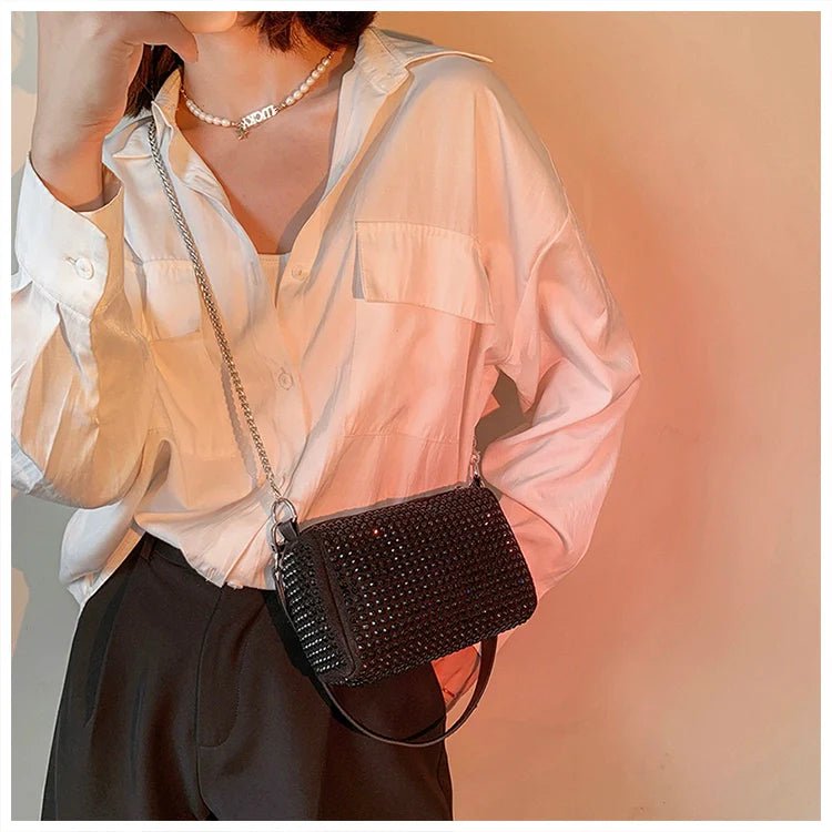 Rhinestone Square Pouch | Full Diamond Underarm Bag & Chain Shoulder Crossbody (Small Handbag, Japanese & Korean Style) - Ever Trendy Essentials