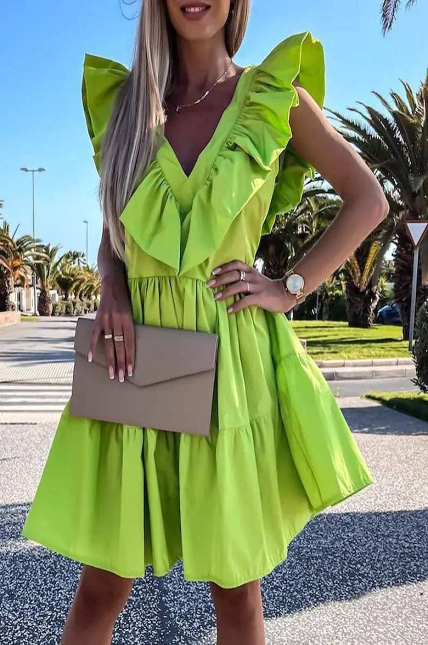 Ruffle Hem Green Spring Dress – Backless V-Neck Style