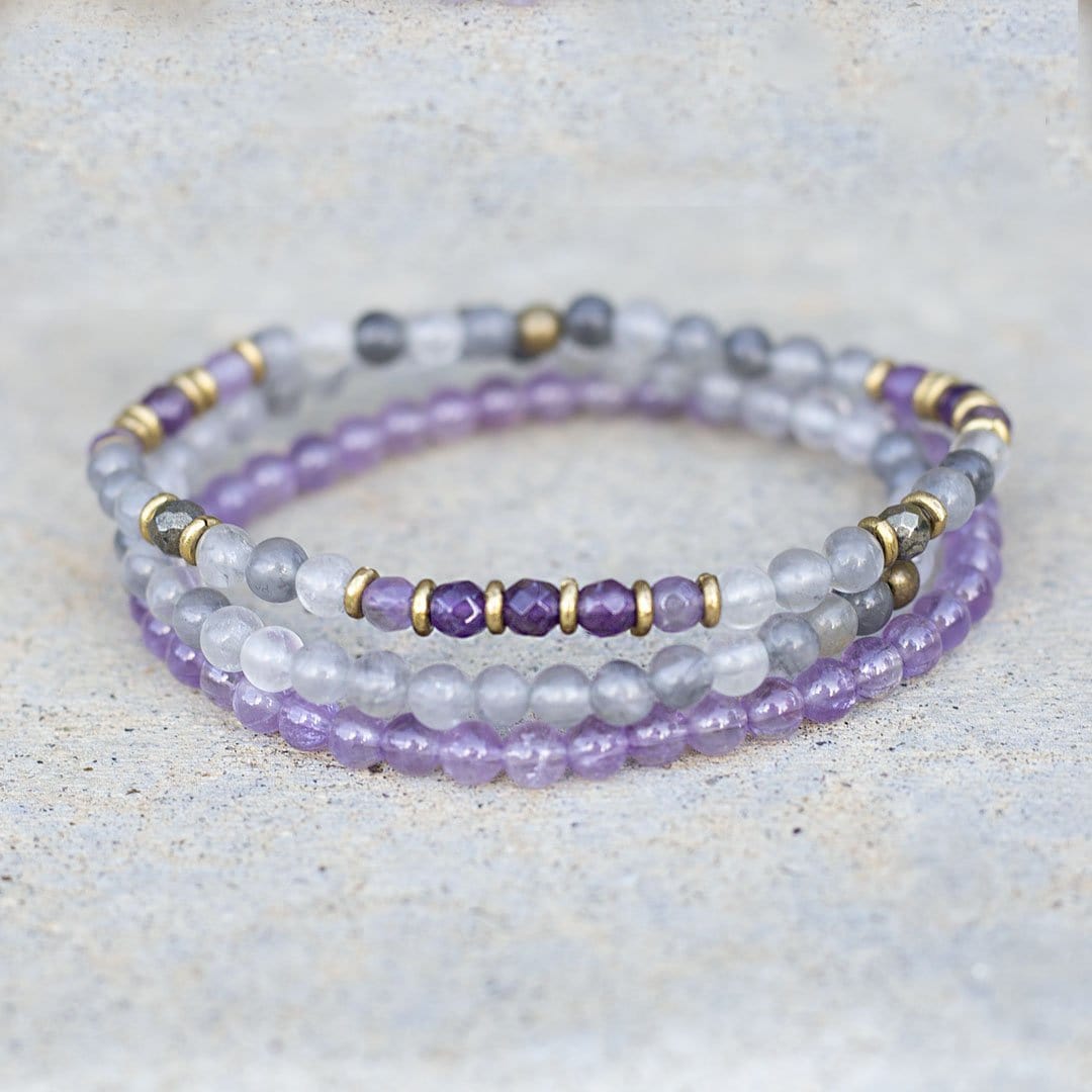 "Emotional Healing" Cloudy Quartz Crystal and Amethyst Delicate Bracelet Stack
