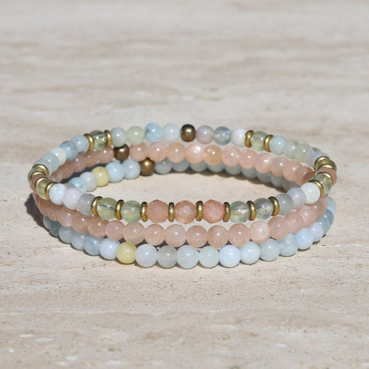 "Joy and Calm" Aquamarine Sunstone and Prehnite Delicate Bracelet Stack