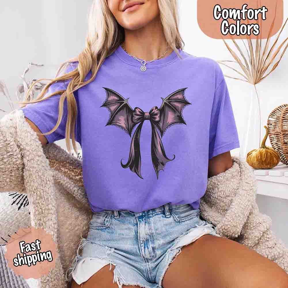 Bat Bow Comfort Colors Shirt – Trendy Halloween Tee - Ever Trendy Essentials