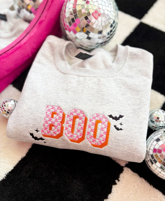 BOO Checkered Embroidered Crewneck *MADE TO ORDER 10 - 15 BIZ DAYS* - Ever Trendy Essentials