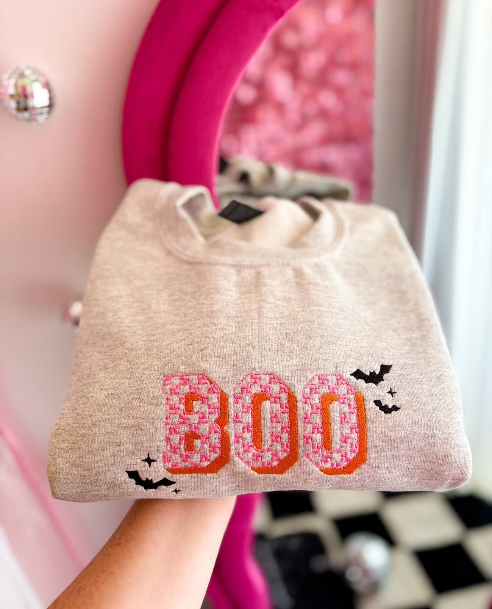 BOO Checkered Embroidered Crewneck *MADE TO ORDER 10 - 15 BIZ DAYS* - Ever Trendy Essentials