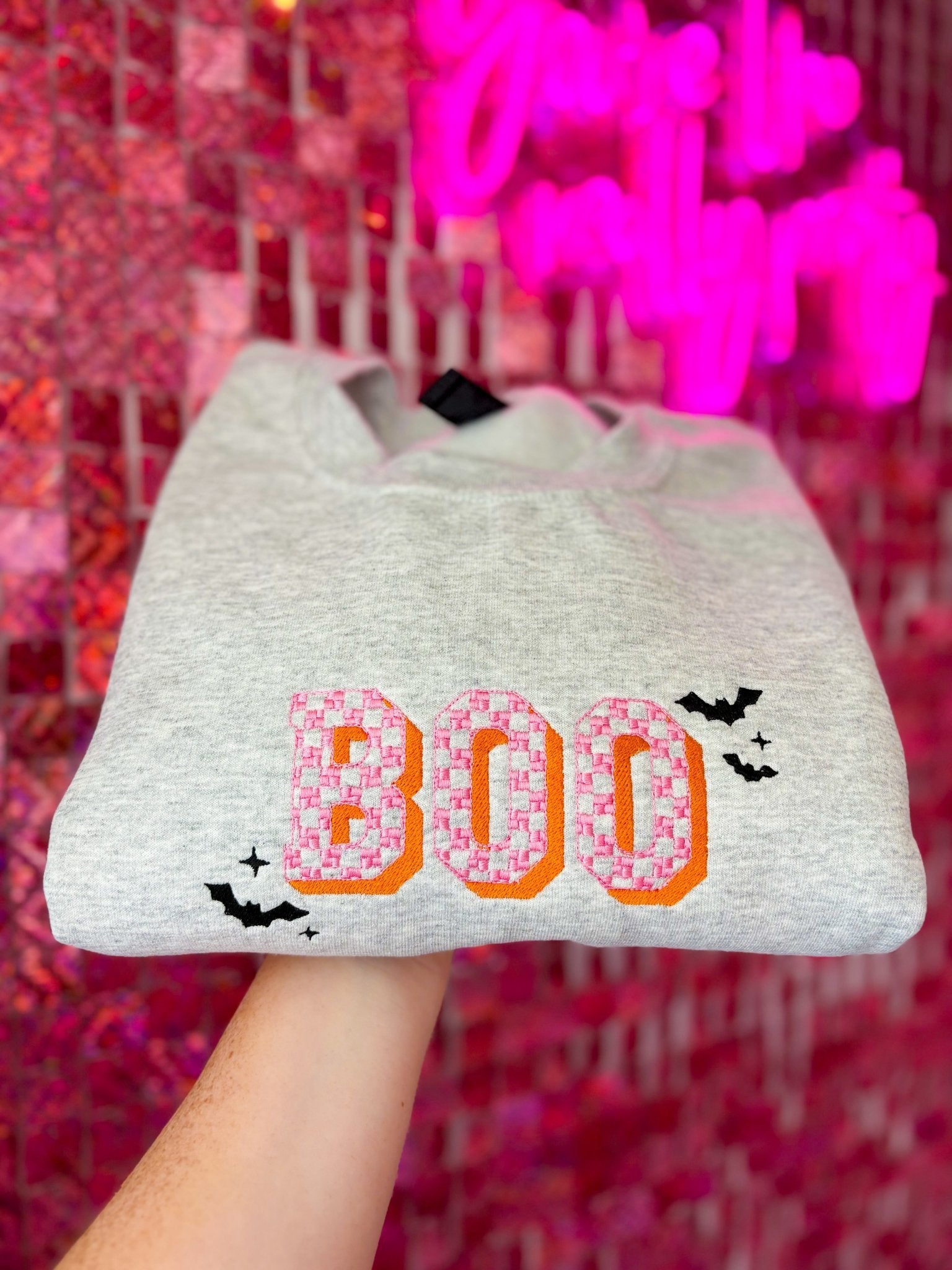 BOO Checkered Embroidered Crewneck *MADE TO ORDER 10 - 15 BIZ DAYS* - Ever Trendy Essentials