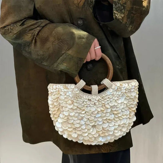 Brand Exquisite Double - sided Shell Handbag | Luxury Handmade Large Capacity Shell Crossbody Clutch Bag (Wooden Handle & Tote) - Ever Trendy Essentials
