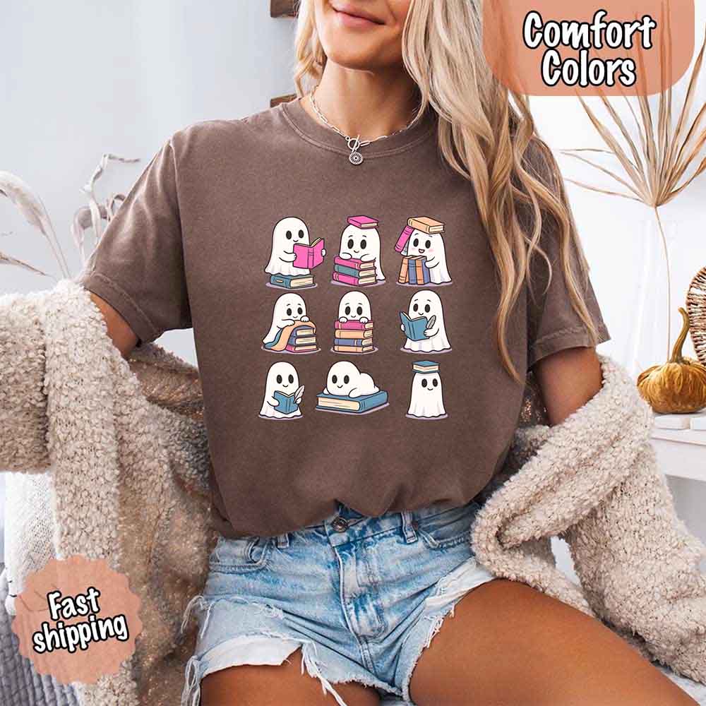 Ghost Reading Comfort Colors Shirt – Spooky Book Lover Halloween Tee - Ever Trendy Essentials