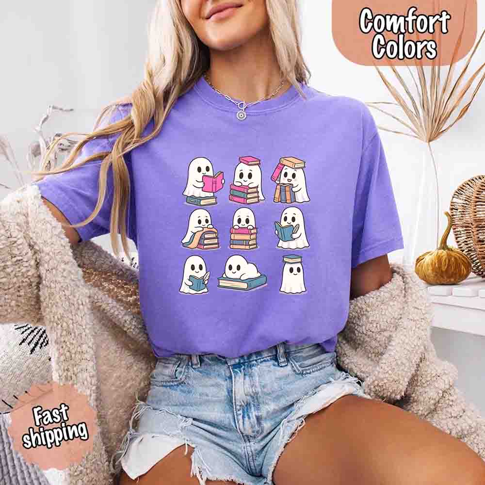 Ghost Reading Comfort Colors Shirt – Spooky Book Lover Halloween Tee - Ever Trendy Essentials