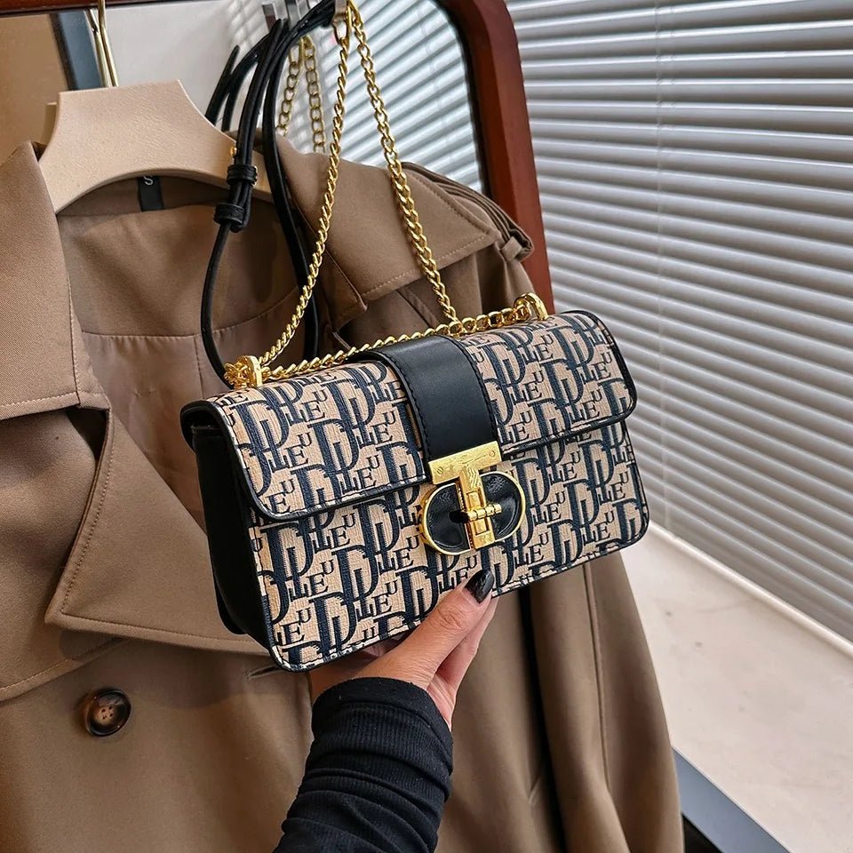 Letter Print Lock Luxury Handbags | Women's Shoulder Bags & Designer Crossbody Purses (Chain Strap Clutch Bag) - Ever Trendy Essentials