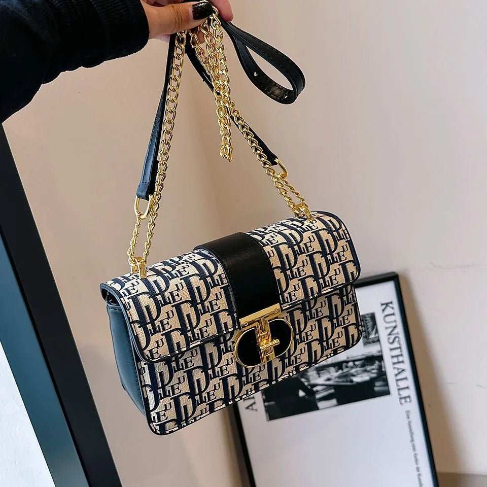 Letter Print Lock Luxury Handbags | Women's Shoulder Bags & Designer Crossbody Purses (Chain Strap Clutch Bag) - Ever Trendy Essentials