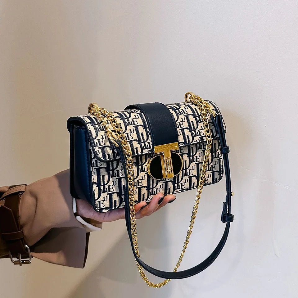 Letter Print Lock Luxury Handbags | Women's Shoulder Bags & Designer Crossbody Purses (Chain Strap Clutch Bag) - Ever Trendy Essentials