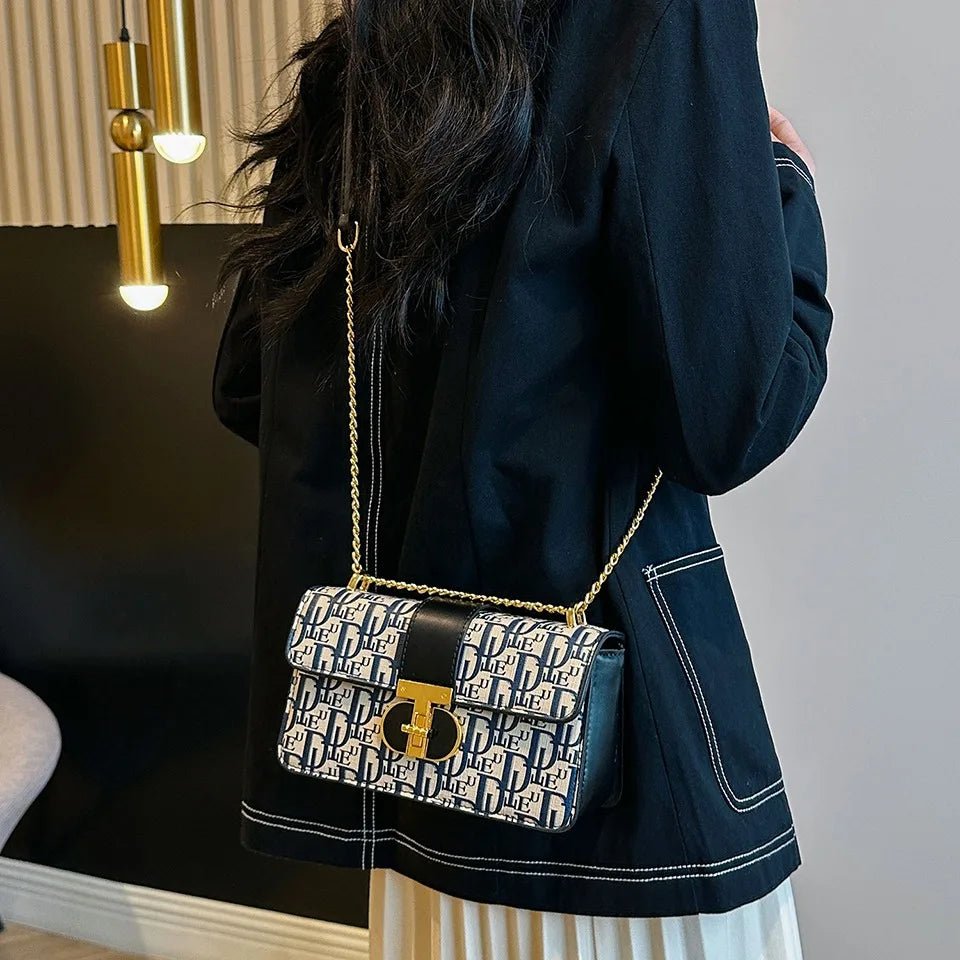 Letter Print Lock Luxury Handbags | Women's Shoulder Bags & Designer Crossbody Purses (Chain Strap Clutch Bag) - Ever Trendy Essentials