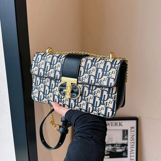 Letter Print Lock Luxury Handbags | Women's Shoulder Bags & Designer Crossbody Purses (Chain Strap Clutch Bag) - Ever Trendy Essentials