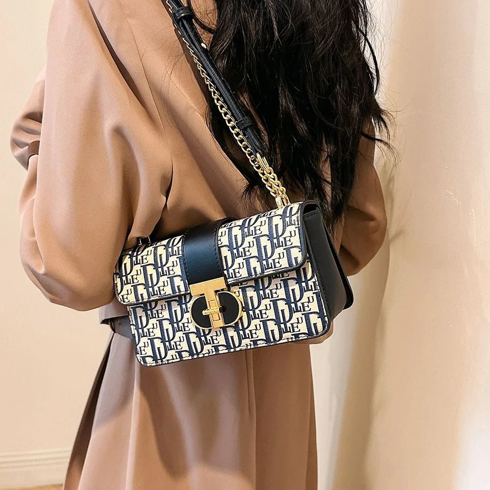 Letter Print Lock Luxury Handbags | Women's Shoulder Bags & Designer Crossbody Purses (Chain Strap Clutch Bag) - Ever Trendy Essentials