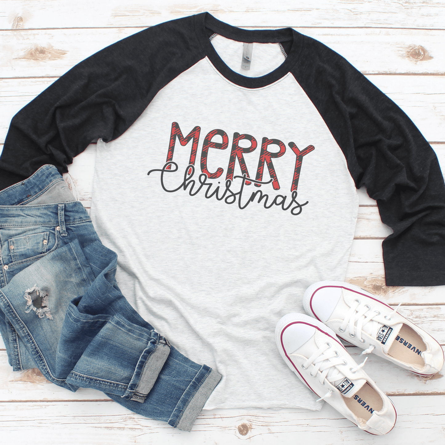 Merry Christmas Plaid Raglan Tee - Ever Trendy Essentials
