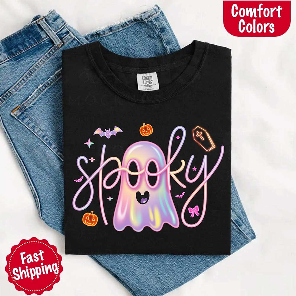 Neon Spooky Ghost Comfort Colors T-Shirt – Trendy Halloween Graphic Tee - Ever Trendy Essentials