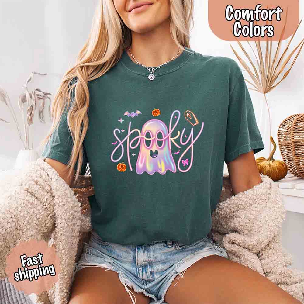 Neon Spooky Ghost Comfort Colors T-Shirt – Trendy Halloween Graphic Tee - Ever Trendy Essentials