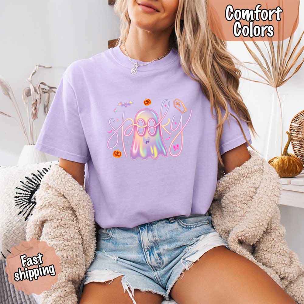 Neon Spooky Ghost Comfort Colors T-Shirt – Trendy Halloween Graphic Tee - Ever Trendy Essentials