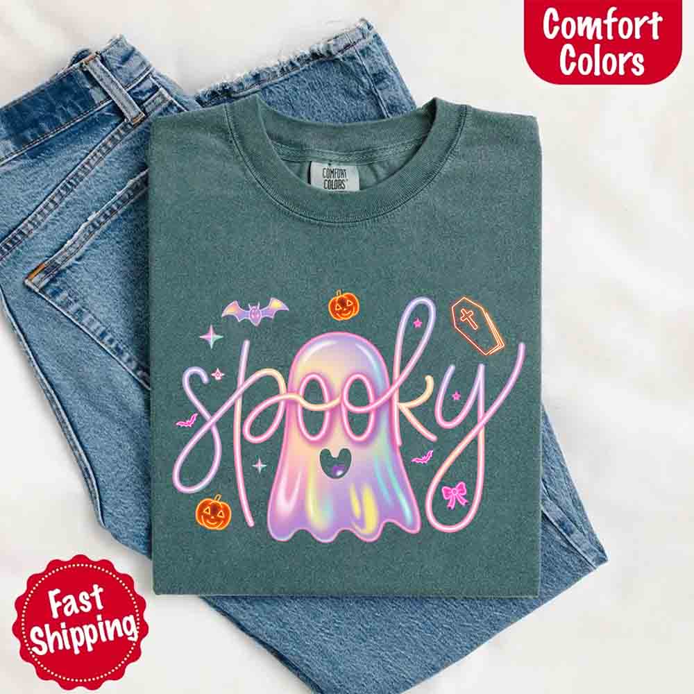 Neon Spooky Ghost Comfort Colors T-Shirt – Trendy Halloween Graphic Tee - Ever Trendy Essentials