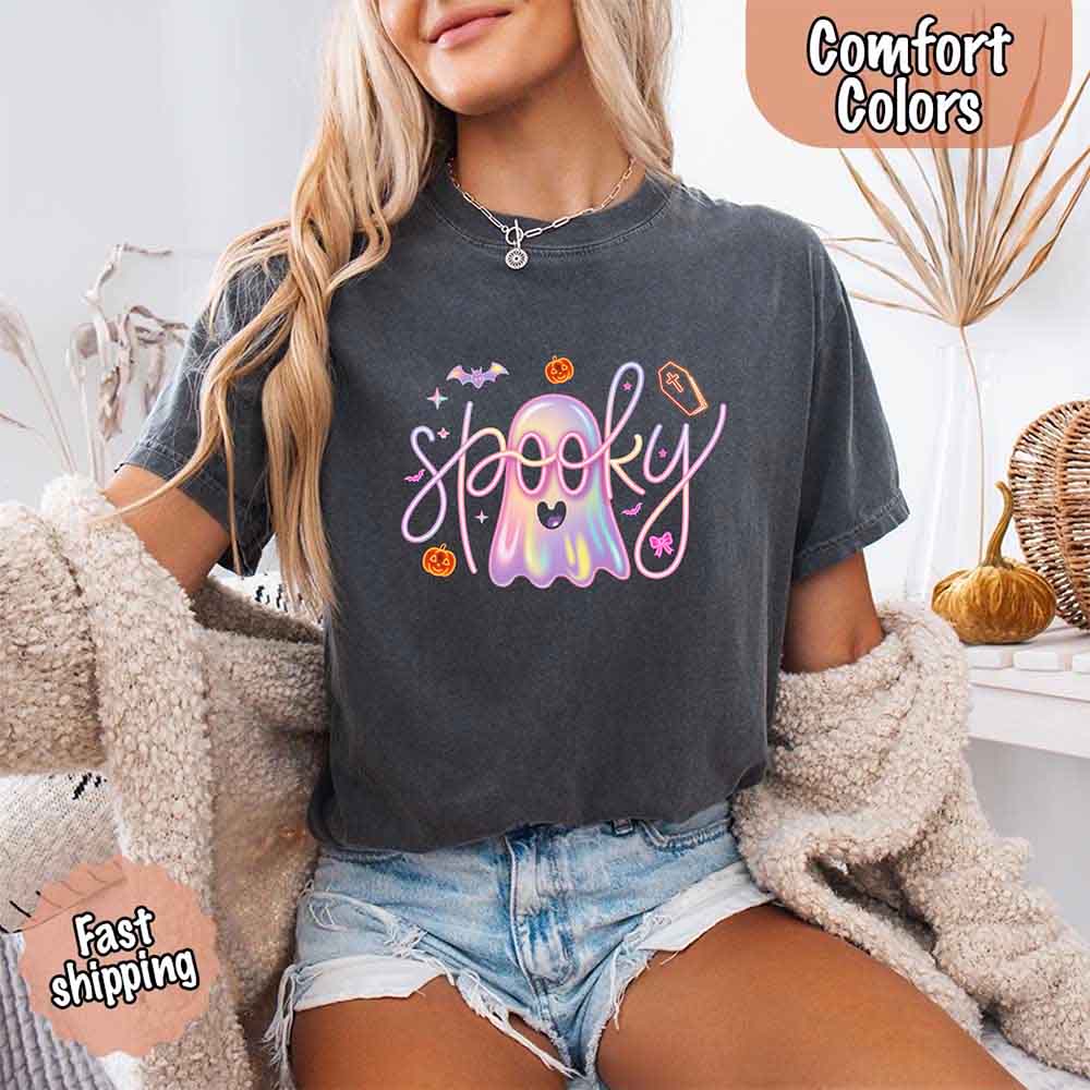Neon Spooky Ghost Comfort Colors T-Shirt – Trendy Halloween Graphic Tee - Ever Trendy Essentials