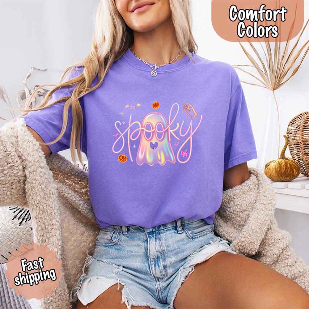 Neon Spooky Ghost Comfort Colors T-Shirt – Trendy Halloween Graphic Tee - Ever Trendy Essentials
