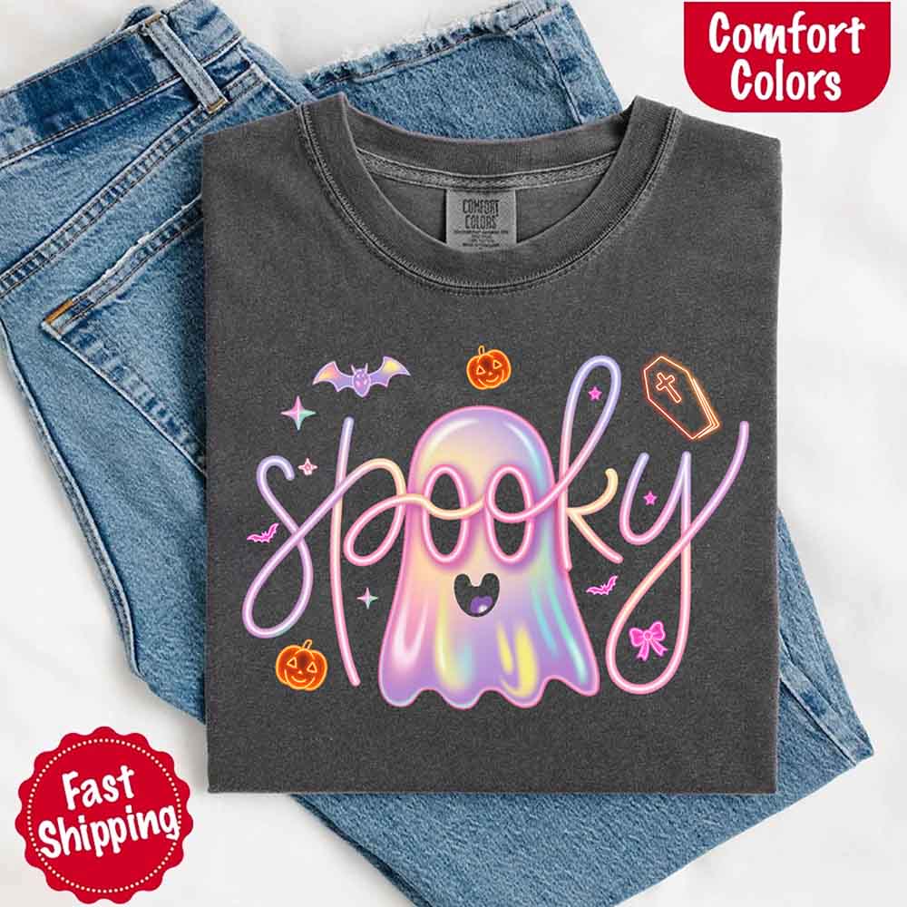 Neon Spooky Ghost Comfort Colors T-Shirt – Trendy Halloween Graphic Tee - Ever Trendy Essentials