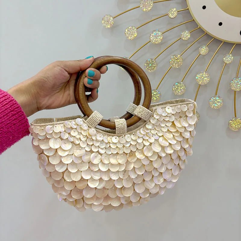 NEW Wood Top - Handle White Crystal Clutch Bag | High Quality Women's Wedding Hand Woven Handbags & Fashion Bags - Ever Trendy Essentials