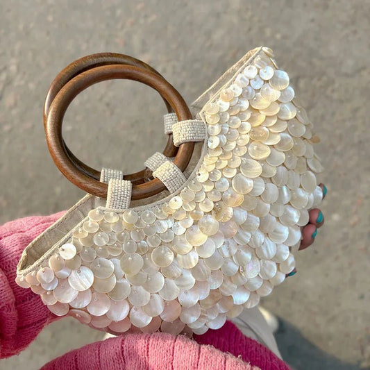 NEW Wood Top - Handle White Crystal Clutch Bag | High Quality Women's Wedding Hand Woven Handbags & Fashion Bags - Ever Trendy Essentials