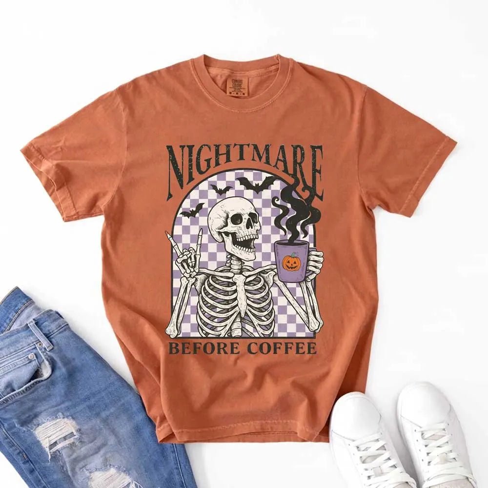 Nightmare Before Coffee Comfort Colors Shirt – Skeleton Funny Halloween Tee - Ever Trendy Essentials