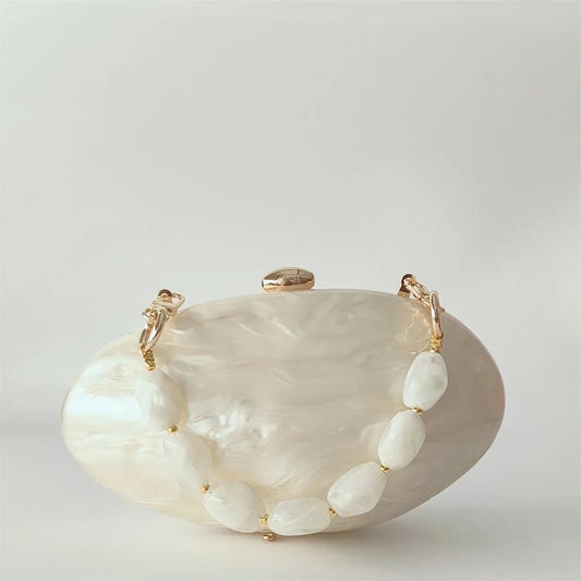Oval Marble Beige Shell Acrylic Luxury Elegant Lady Evening Bag | Cute Handbag & Wedding Girl Female Mini Purse - Ever Trendy Essentials