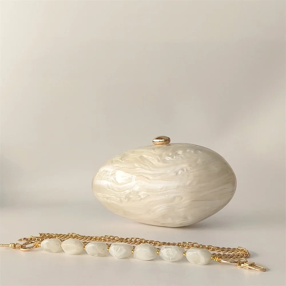 Oval Marble Beige Shell Acrylic Luxury Elegant Lady Evening Bag | Cute Handbag & Wedding Girl Female Mini Purse - Ever Trendy Essentials
