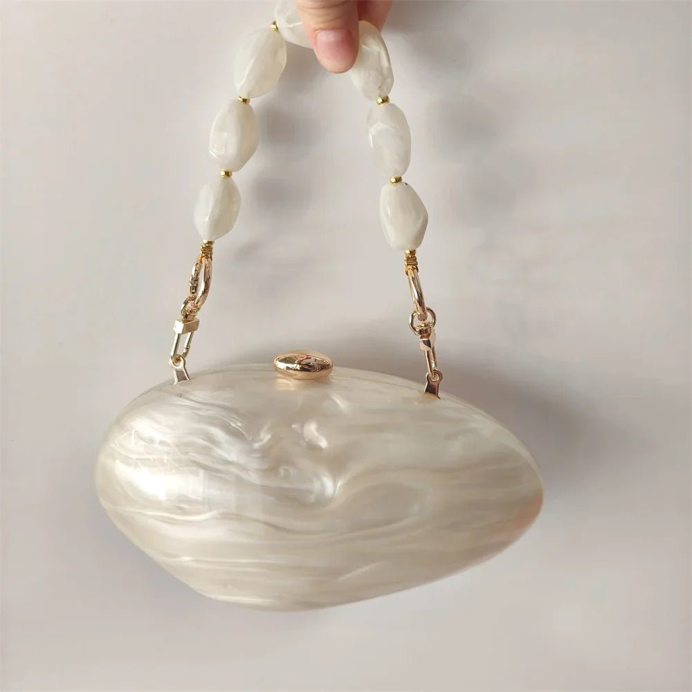 Oval Marble Beige Shell Acrylic Luxury Elegant Lady Evening Bag | Cute Handbag & Wedding Girl Female Mini Purse - Ever Trendy Essentials