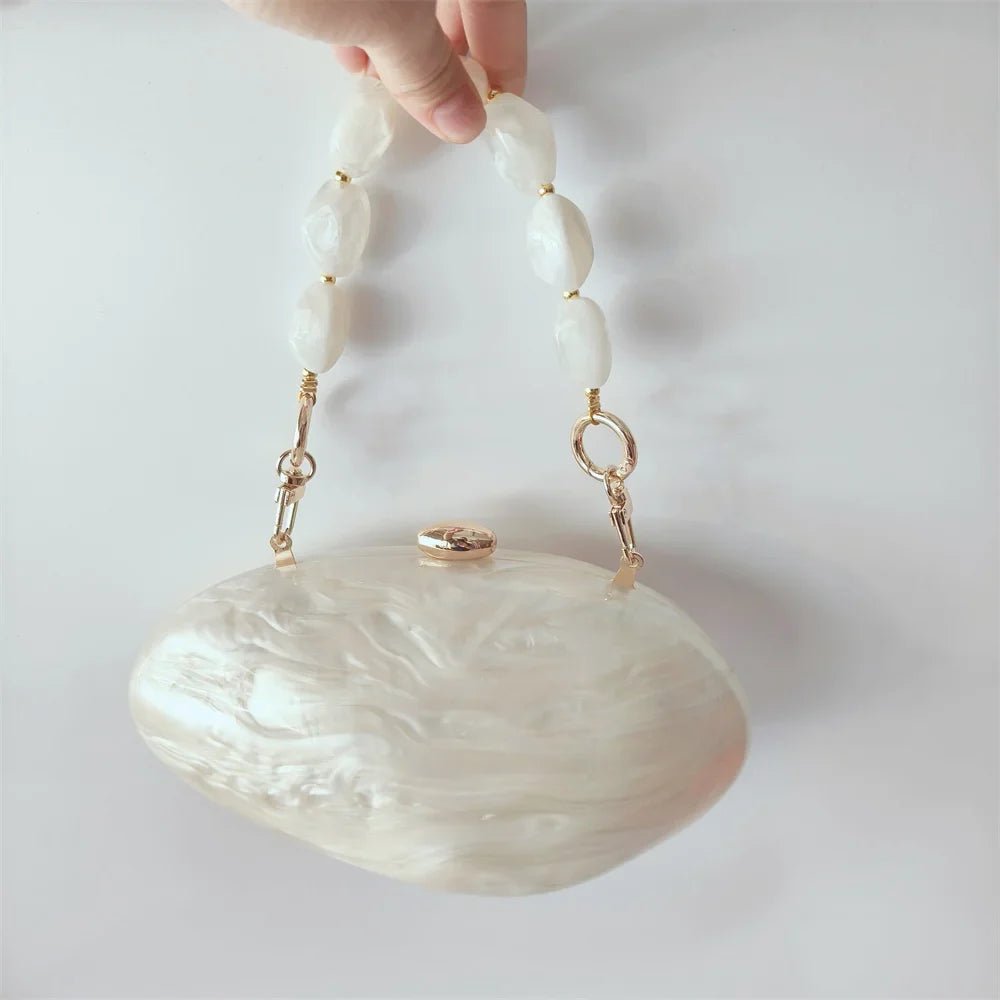 Oval Marble Beige Shell Acrylic Luxury Elegant Lady Evening Bag | Cute Handbag & Wedding Girl Female Mini Purse - Ever Trendy Essentials