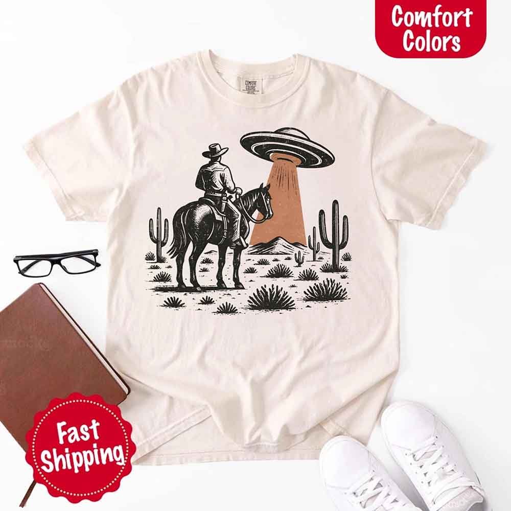 Retro UFO Cowboy Tee – Unisex Comfort Colors Shirt - Ever Trendy Essentials