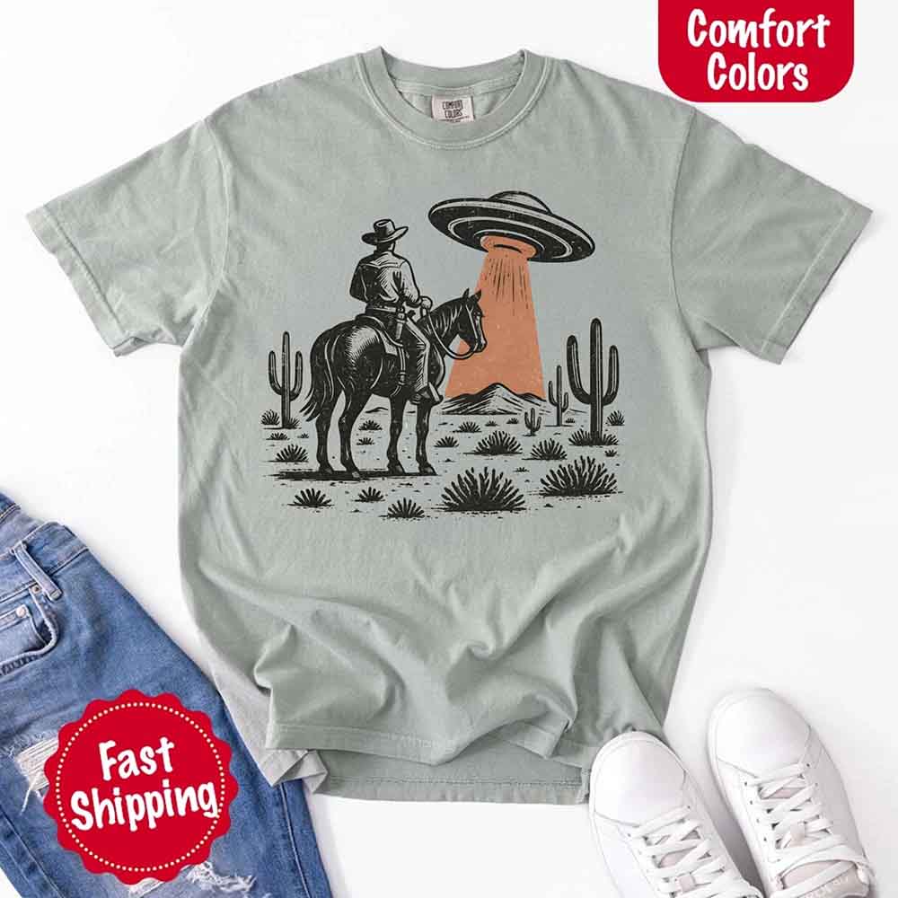 Retro UFO Cowboy Tee – Unisex Comfort Colors Shirt - Ever Trendy Essentials