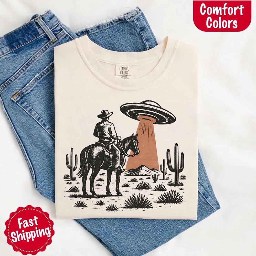Retro UFO Cowboy Tee – Unisex Comfort Colors Shirt - Ever Trendy Essentials