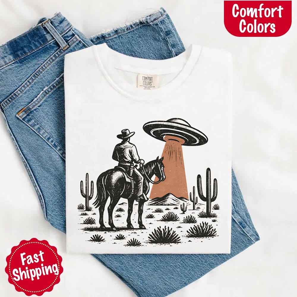 Retro UFO Cowboy Tee – Unisex Comfort Colors Shirt - Ever Trendy Essentials