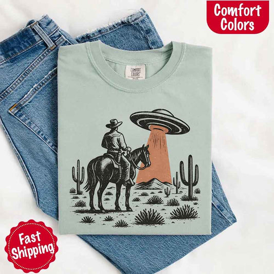 Retro UFO Cowboy Tee – Unisex Comfort Colors Shirt - Ever Trendy Essentials