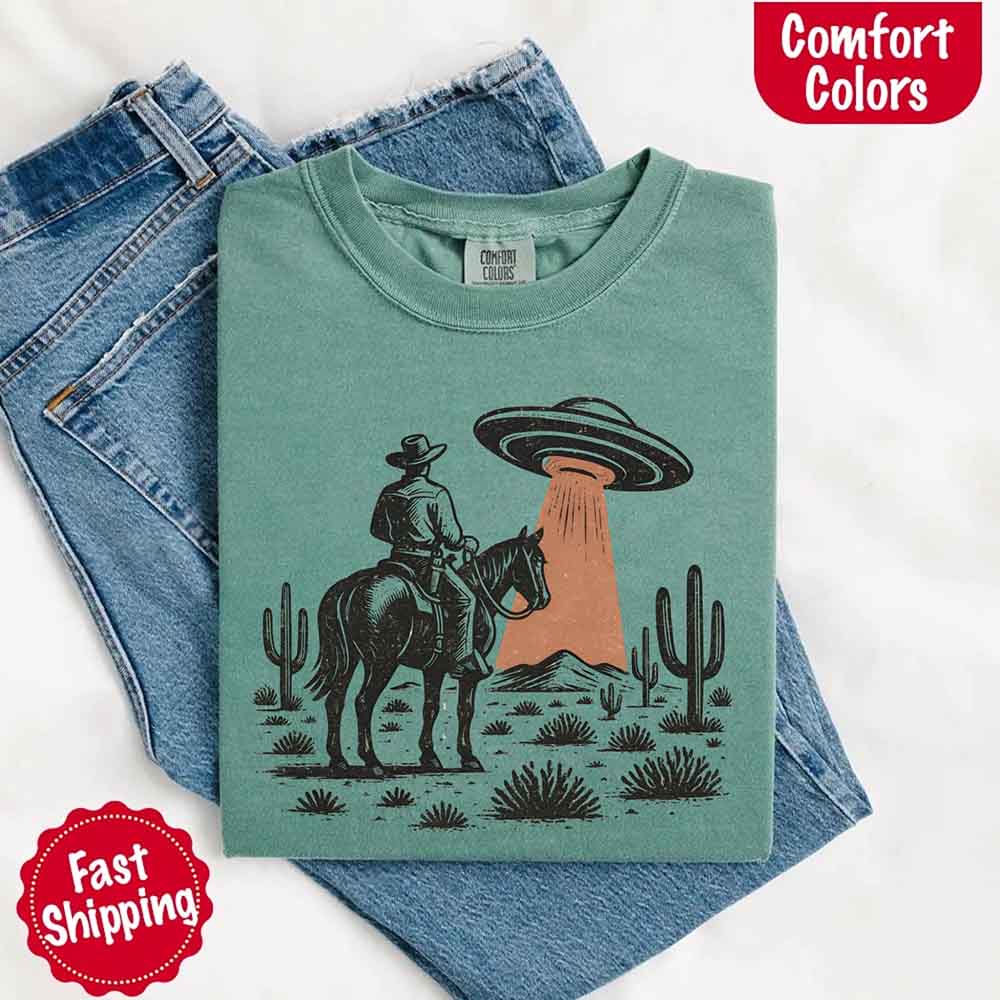 Retro UFO Cowboy Tee – Unisex Comfort Colors Shirt - Ever Trendy Essentials