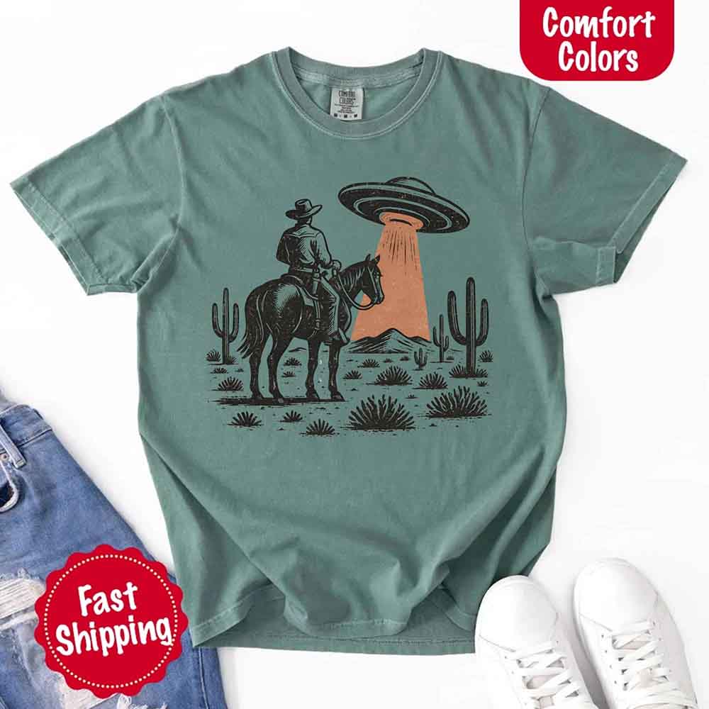 Retro UFO Cowboy Tee – Unisex Comfort Colors Shirt - Ever Trendy Essentials