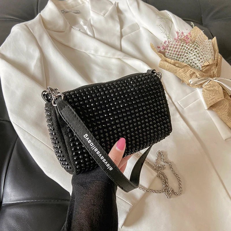Rhinestone Square Pouch | Full Diamond Underarm Bag & Chain Shoulder Crossbody (Small Handbag, Japanese & Korean Style) - Ever Trendy Essentials