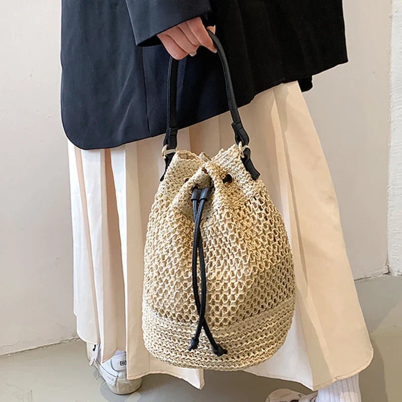 Simple Straw Bucket Bag for Women | Woven Handmade Shoulder Bag & Drawstring Crossbody Bag (Rattan Beach Bag for Girls & Travel Purse) - Ever Trendy Essentials