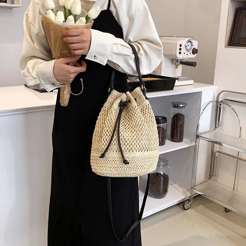 Simple Straw Bucket Bag for Women | Woven Handmade Shoulder Bag & Drawstring Crossbody Bag (Rattan Beach Bag for Girls & Travel Purse) - Ever Trendy Essentials