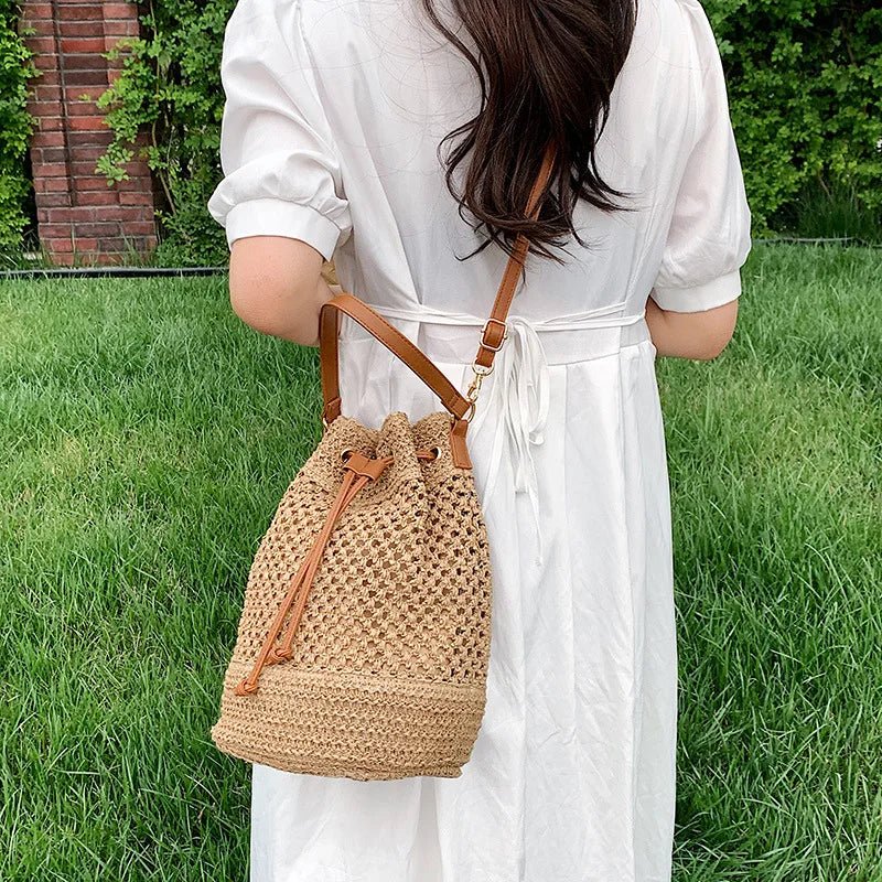 Simple Straw Bucket Bag for Women | Woven Handmade Shoulder Bag & Drawstring Crossbody Bag (Rattan Beach Bag for Girls & Travel Purse) - Ever Trendy Essentials