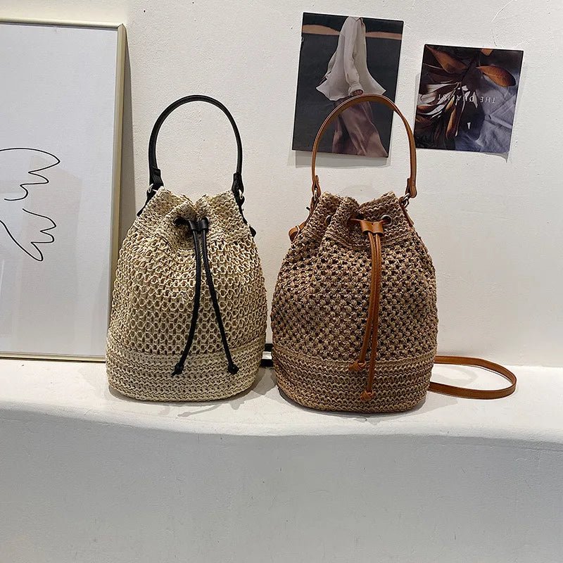 Simple Straw Bucket Bag for Women | Woven Handmade Shoulder Bag & Drawstring Crossbody Bag (Rattan Beach Bag for Girls & Travel Purse) - Ever Trendy Essentials