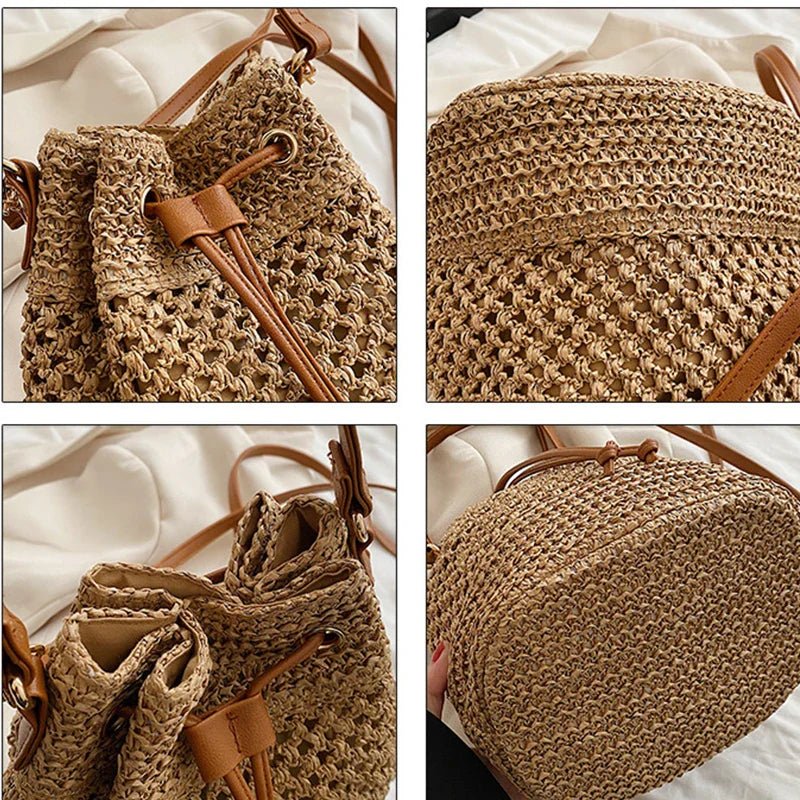 Simple Straw Bucket Bag for Women | Woven Handmade Shoulder Bag & Drawstring Crossbody Bag (Rattan Beach Bag for Girls & Travel Purse) - Ever Trendy Essentials