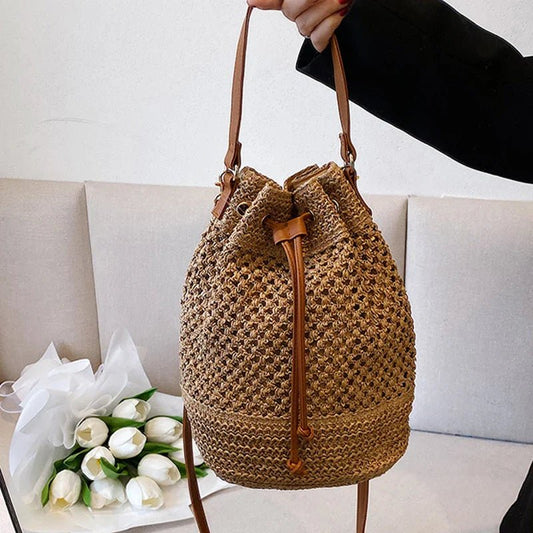 Simple Straw Bucket Bag for Women | Woven Handmade Shoulder Bag & Drawstring Crossbody Bag (Rattan Beach Bag for Girls & Travel Purse) - Ever Trendy Essentials