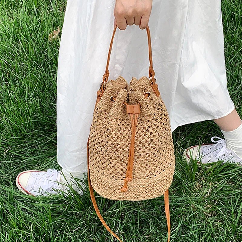 Simple Straw Bucket Bag for Women | Woven Handmade Shoulder Bag & Drawstring Crossbody Bag (Rattan Beach Bag for Girls & Travel Purse) - Ever Trendy Essentials