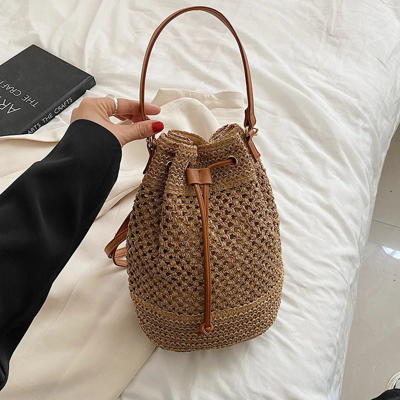 Simple Straw Bucket Bag for Women | Woven Handmade Shoulder Bag & Drawstring Crossbody Bag (Rattan Beach Bag for Girls & Travel Purse) - Ever Trendy Essentials