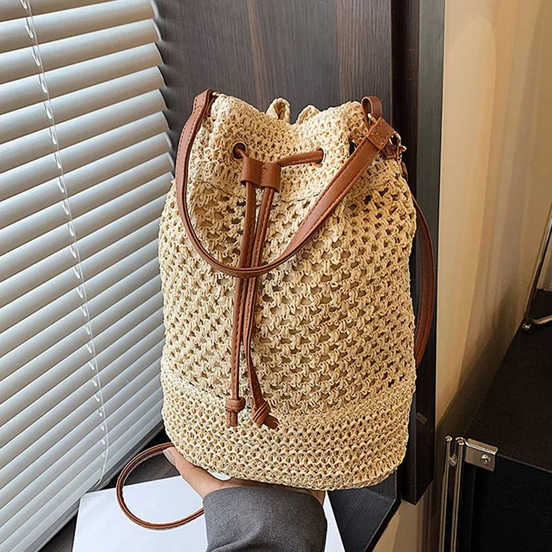 Simple Straw Bucket Bag for Women | Woven Handmade Shoulder Bag & Drawstring Crossbody Bag (Rattan Beach Bag for Girls & Travel Purse) - Ever Trendy Essentials