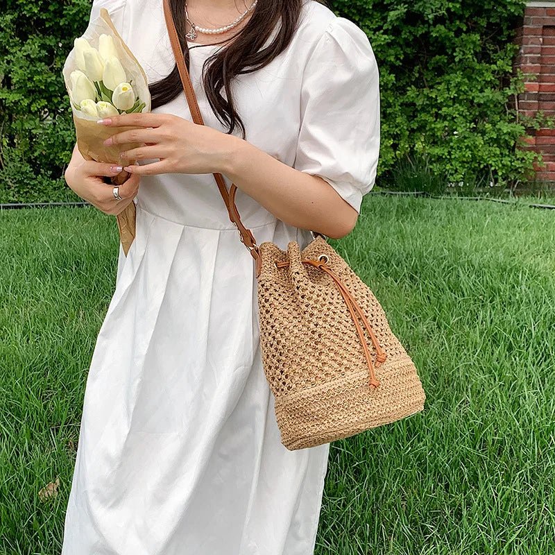 Simple Straw Bucket Bag for Women | Woven Handmade Shoulder Bag & Drawstring Crossbody Bag (Rattan Beach Bag for Girls & Travel Purse) - Ever Trendy Essentials